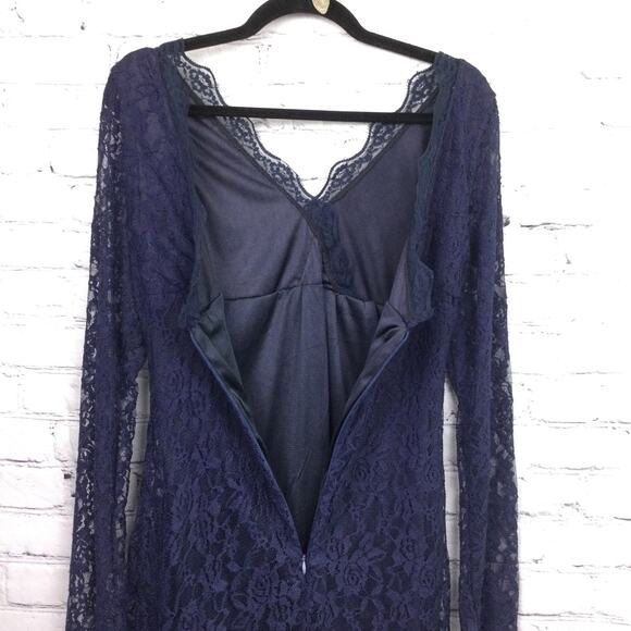 XJF.MC Whimsigoth Navy Feminine Romantic Lace Long Sleeve Knee Length Dress M - Picture 7 of 13